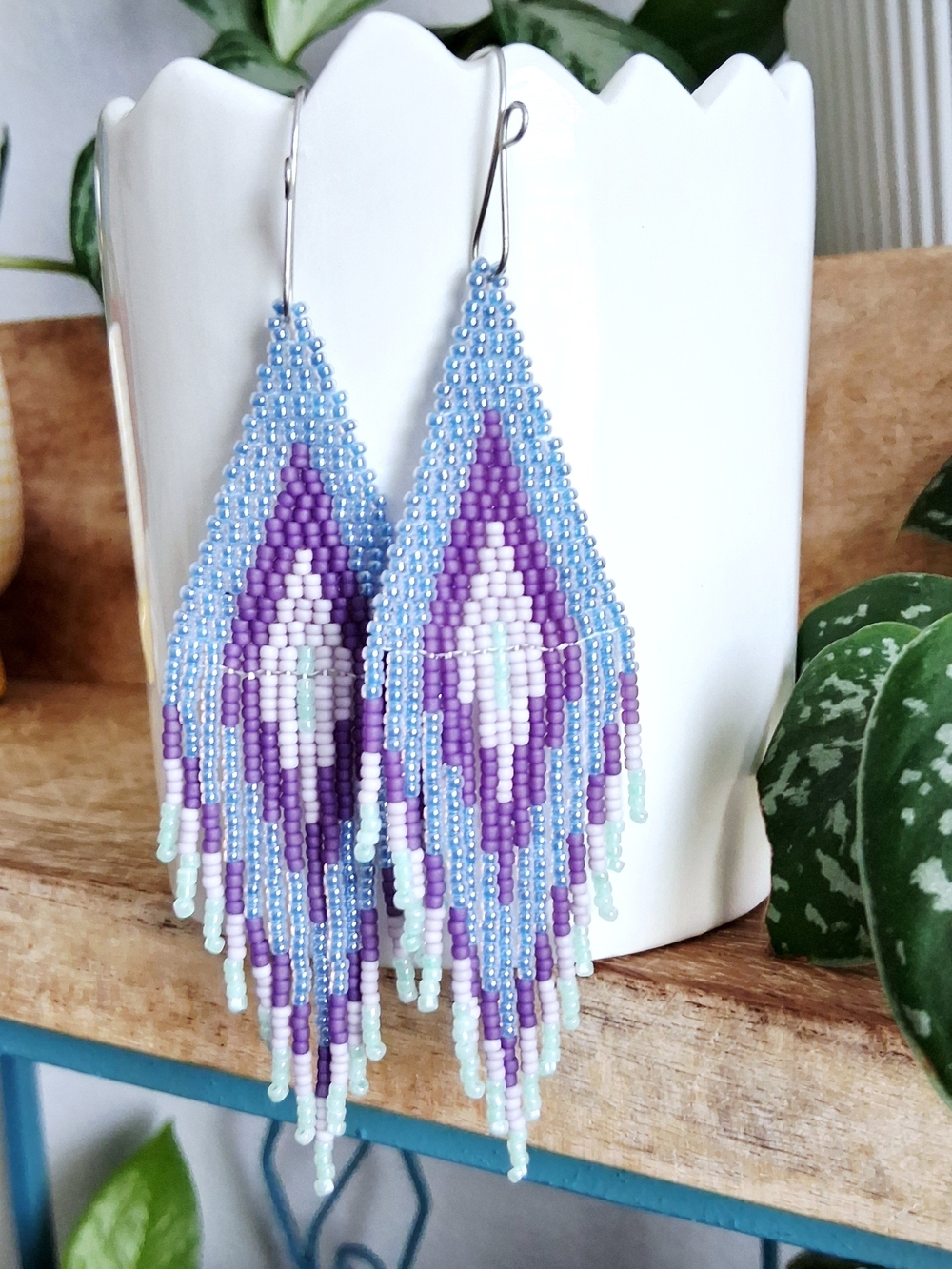 BOGO EARRINGS - Beaded Fringe Earrings in Purple & Light Blue 5.5"